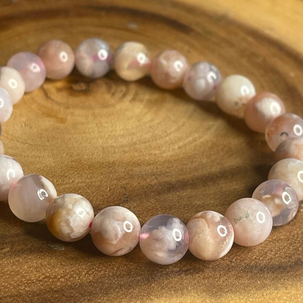 Pink Flower Agate Stretch Beaded Bracelet 7” Crystal Healing Beads 8mm One New